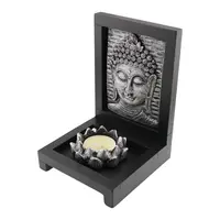 Decoratiune Suport ardere lumanari parfumate, cu floare de lotus si chipul lui Buddha, argintiu