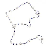 Colier reglabil cu Lapis Lazuli, Perle albe si metal argintiu, 5-6mm