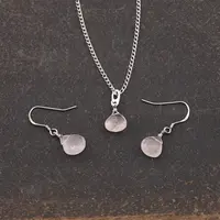 Set Cercei cu agatatoare si pandantiv Cuart roz briolete si Argint 925, 9-10mm