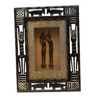 Tablou cu rama din lemn sculptat si siluete arta africana, 40cm x 30cm
