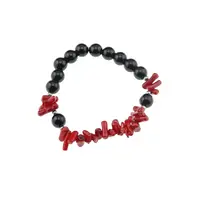 Bratara Obsidian negru sfere 8mm si Coral rosu freeform 6-15mm cu elemente argintii pe elastic