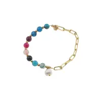 Bratara mix Agate sfere si Perla de cultura cu bumbi aurii, 6-8mm
