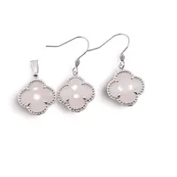 Set Cercei cu agatatoare si Pandantiv Cuart roz trifoi cu montura argintie, 18mm
