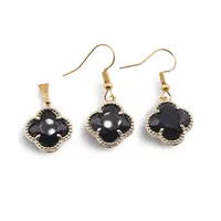Set Cercei cu agatatoare si Pandantiv Obsidian trifoi cu montura aurie, 18mm