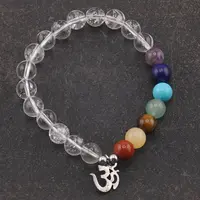 Bratara Cristal de stanca si cristalele celor 7 chakre sfere cu simbol OM pe elastic, 8mm