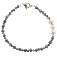 Bratara Safir sfere fatetate si Perle de cultura albe cu bumbi aurii, 3-7mm
