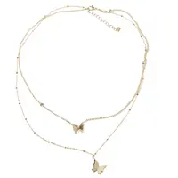 Lant dublu din inox placat cu aur galben 18k, pandantiv fluturi