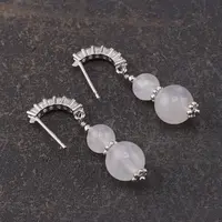 Cercei cu surub Piatra lunii si baza de Argint 925 semirotunda cu zirconii, 6-8mm