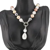 Colier Perle de Mallorca maro, gri, crem si albe cu pandantiv, 10mm