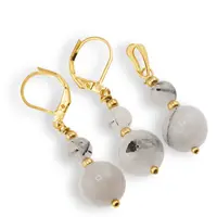 Set Cercei si Pandantiv Cuart turmalinat sfere cu bumbi aurii, 6-10mm