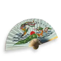 Evantai decorativ mare din lemn, model albastru cu dragoni - 156cm x 90cm