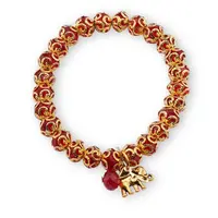 Bratara pe elastic cu margele rosii, flori si elefant aurii