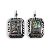 Cercei cu agatatoare Scoica Abalone in montura argintie - model patrat cu gravura infinit, 28mm