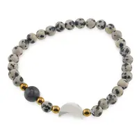 Bratara Jasp dalmatian sfere 6mm, Larvikit 8mm si luna din Sidef 12mm cu bumbi aurii