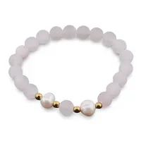 Bratara pe elastic Perle de cultura, bumbi aurii si Cuart roz sfere mate 8mm