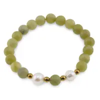 Bratara pe elastic Perle de cultura, bumbi aurii si Jad serpentin piatra infinitului sfere mate 8mm
