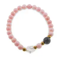 Bratara Coral roz sfere 6mm, Larvikit 8mm si steluta din Sidef 10mm cu bumbi aurii