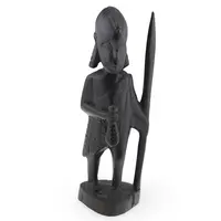 Statueta africana vintage din lemn sculptat manual, pescar cu sulita si peste, 16cm
