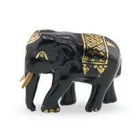 Figurina elefant vintage, model negru cu decor auriu pictat manual, 6cm
