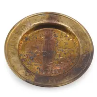 Farfurie decorativa vintage din alama gravata, peisaj tropical cu palmier, 10cm