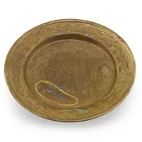 Farfurie decorativa din alama vintage, model rotund cu palmieri gravati, 9cm