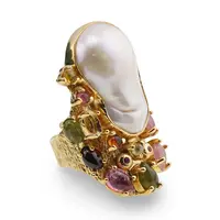 Inel din argint 925 placat cu aur 14k cu Perla de cultura si Turmalina multicolora, model baroc - marimea 58