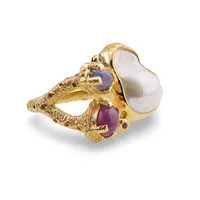 Inel din argint 925 placat cu aur 14k cu Perla de cultura si Agate colorate, model ramura deschisa - marimea 58