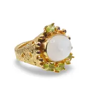 Inel din argint 925 placat cu aur 14k cu Piatra lunii centrala si Peridot cu Granat incrustate, marimea 58