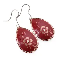 Cercei din cupru lacrima, model floare ornament rosie