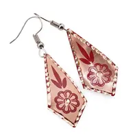 Cercei din cupru rombici, model floare si frunze rosii