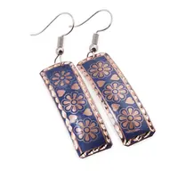 Cercei din cupru dreptunghiulari, model cu trei flori albastre