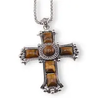 Colier cu pandantiv argintiu cruce din Ochi de tigru, 8cm