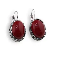 Cercei cu agatatoare model oval cu montura argintie, Coral rosu - 20mm