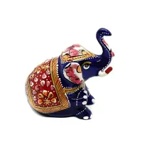 Statueta Elefant stand jos, metal emailat, albastru cu rosu - 8cm