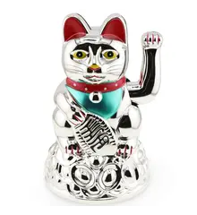 Pisica norocoasa Maneki Neko argintie pentru prosperitate si noroc, 16cm