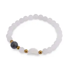 Bratara Piatra lunii sfere 6mm, Larvikit 8mm si luna din Sidef 12mm cu bumbi aurii