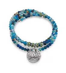 Bratara tripla ajustabila cu pietre semipretioase, Agat albastru sfere 4mm cu charm floare de lotus si zirconiu verde