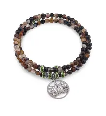 Bratara tripla ajustabila cu pietre semipretioase, Agat maro sfere 4mm cu charm floare de lotus si zirconiu verde