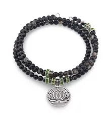 Bratara tripla ajustabila cu pietre semipretioase, Agat negru sfere 4mm cu charm floare de lotus si zirconiu verde