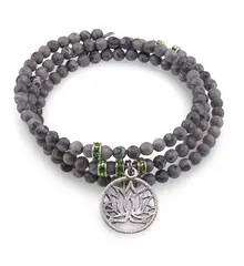 Bratara tripla ajustabila cu pietre semipretioase, Jasp earth sfere 4mm cu charm floare de lotus si zirconiu verde