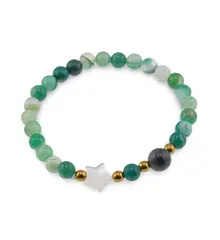 Bratara Agat verde sfere 6mm, Larvikit 8mm si steluta din Sidef 10mm cu bumbi aurii