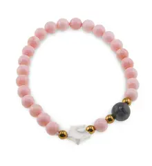Bratara Coral roz sfere 6mm, Larvikit 8mm si steluta din Sidef 10mm cu bumbi aurii
