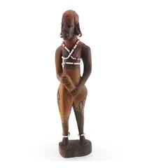 Statueta africana vintage din lemn sculptat manual, femeie cu margele, 21cm