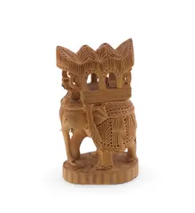 Figurina elefant vintage din lemn sculptat manual, cu turn decorativ, 8cm