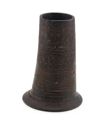 Vas conic vintage din lemn sculptat manual, model tribal, 10,5cm