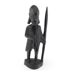Statueta africana vintage din lemn sculptat manual, pescar cu sulita si peste, 16cm
