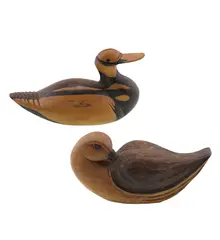 Set decorativ 2 rate din lemn vintage, model sculptat manual maro natur, 15-16cm