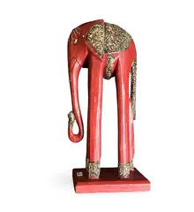 Statueta elefant rosu vintage din lemn sculptat manual, decoratiuni aurii, 30cm