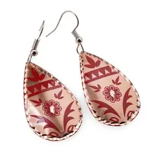 Cercei din cupru lacrima, model floral tribal rosu
