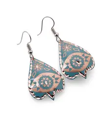 Cercei din cupru forma frunza, model mandala si flori bleu